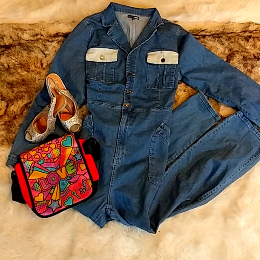 Fashion Nova Denim Blue Skinny Jumpsuit with Cream Pocket Accents
